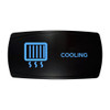 COOLING horizontal rocker switch with laser-etched radiator / cooling icon, with the blue LED backlight on