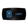 LIGHT horizontal rocker switch with laser-etched light switch icon, with the blue LED backlight on