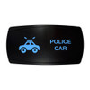 POLICE CAR horizontal rocker switch with laser-etched police car icon, with the blue LED backlight on