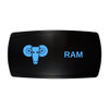 RAM horizontal rocker switch with laser-etched ram icon, with the blue LED backlight on