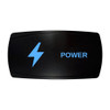 POWER horizontal rocker switch with laser-etched lightning bolt icon, with the blue LED backlight on