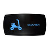 SCOOTER horizontal rocker switch with laser-etched scooter / moped icon, with the blue LED backlight on