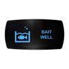 BAIT WELL horizontal rocker switch with laser-etched bait well icon, with the blue LED backlight on