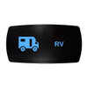 RV horizontal rocker switch with laser-etched rv / motorhome icon, with the blue LED backlight on