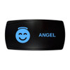 ANGEL horizontal rocker switch with laser-etched angel icon, with the blue LED backlight on