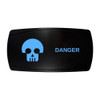 DANGER horizontal rocker switch with laser-etched skull icon, with the blue LED backlight on