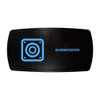 SUBWOOFER horizontal rocker switch with laser-etched subwoofer icon, with the blue LED backlight on