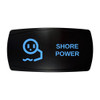 SHORE POWER horizontal rocker switch with laser-etched shore power icon, with the blue LED backlight on