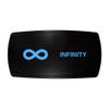 INFINITY horizontal rocker switch with laser-etched infinity icon, with the blue LED backlight on