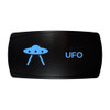UFO horizontal rocker switch with laser-etched ufo icon, with the blue LED backlight on