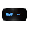 BAT horizontal rocker switch with laser-etched bat icon, with the blue LED backlight on