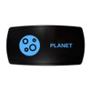 PLANET horizontal rocker switch with laser-etched cratered planet icon, with the blue LED backlight on