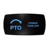 POWER TAKE-OFF horizontal rocker switch with laser-etched pto icon, with the blue LED backlight on