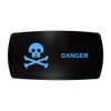 DANGER horizontal rocker switch with laser-etched skull & crossbones icon, with the blue LED backlight on