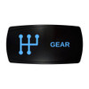 GEAR horizontal rocker switch with laser-etched gear shift icon, with the blue LED backlight on