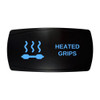 HEATED GRIPS horizontal rocker switch with laser-etched heated grips icon, with the blue LED backlight on