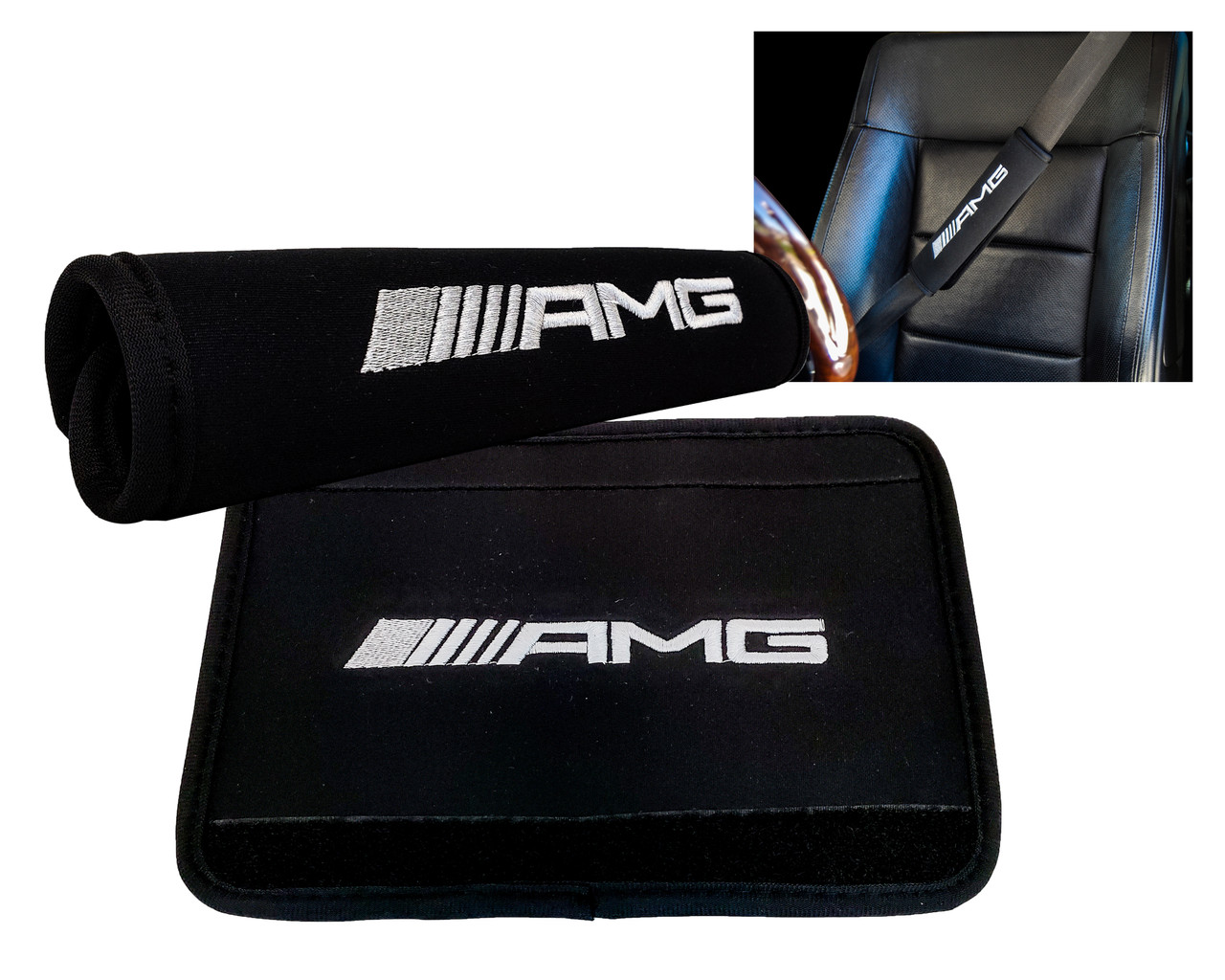AMG Logo Black Neoprene Automotive Seat Belt Covers Safety