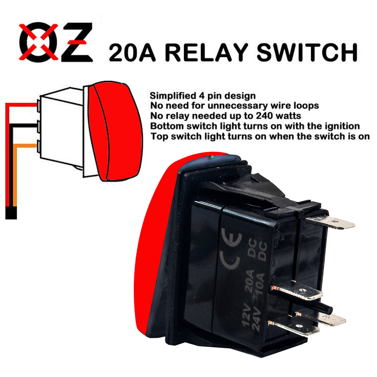 Off-Road Lights Laser-Etched On/Off Red Rocker Switch 4-Pin for