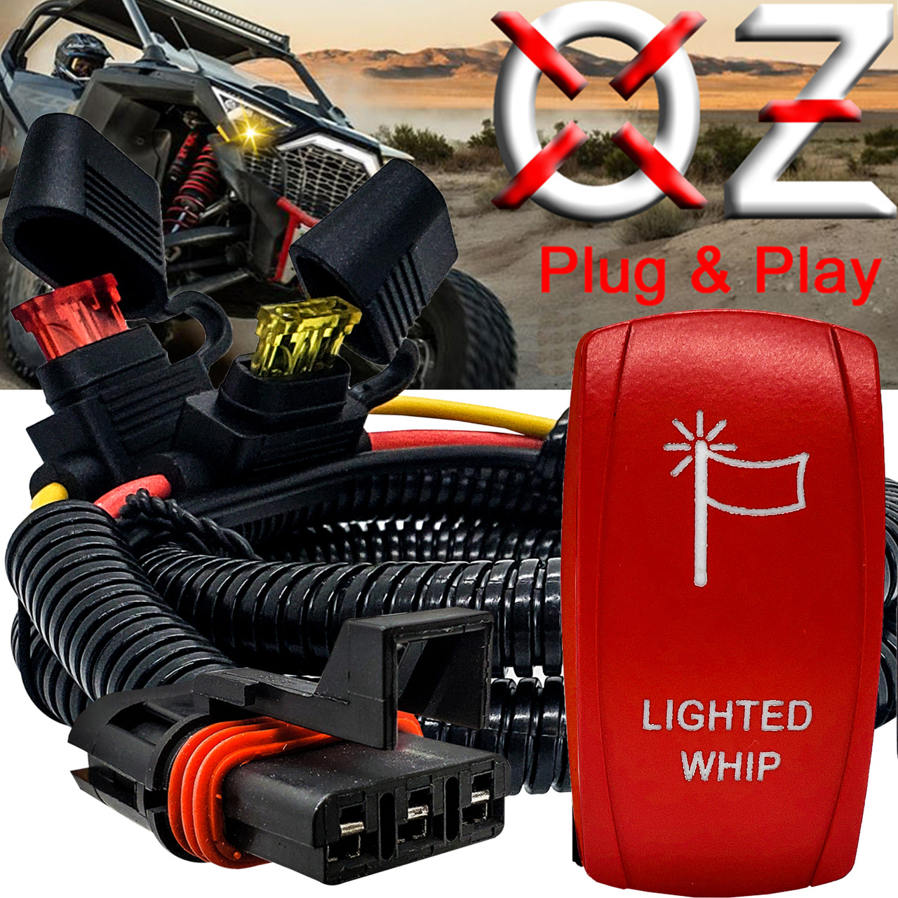 Lighted Whip On/Off Red Rocker Switch with Power Busbar Plug