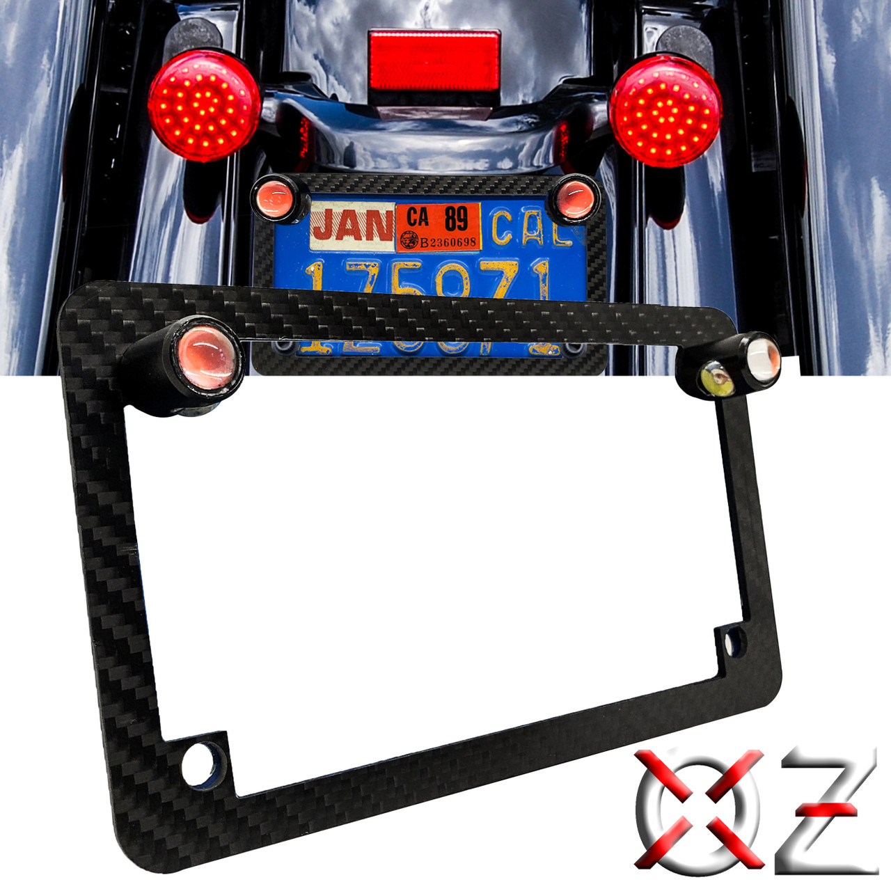Carbon Fiber License Plate Frame with Dual White LED Tag Lights & Red LED  Brake Lights for Motorcycle