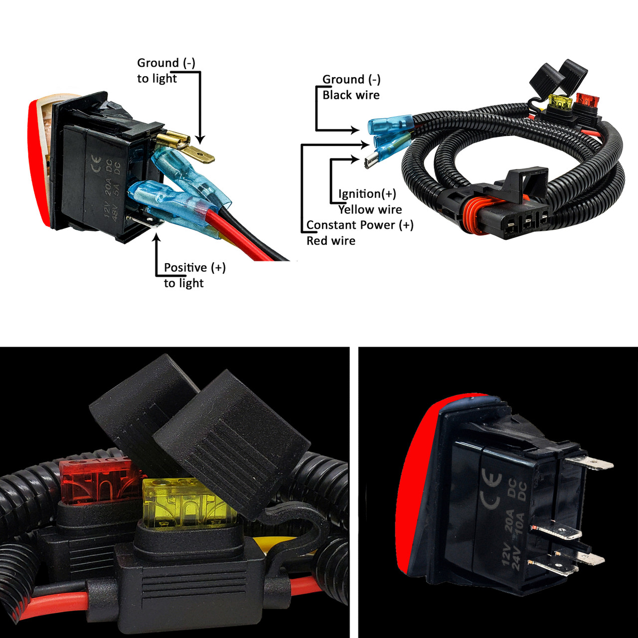 LIGHTED WHIP On/Off Red Rocker Switch with Pulse Power Bus Bar