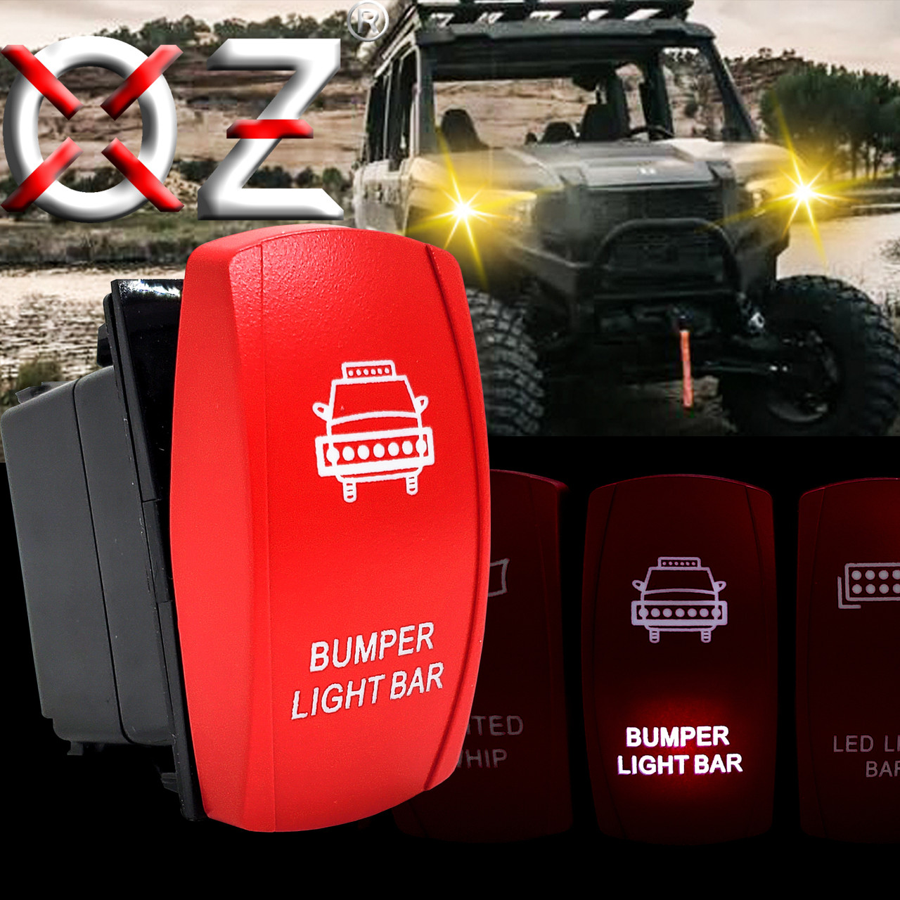 Bumper Light Bar On/Off Red Rocker Switch with Power Busbar Plug Harness Compatible with Polaris