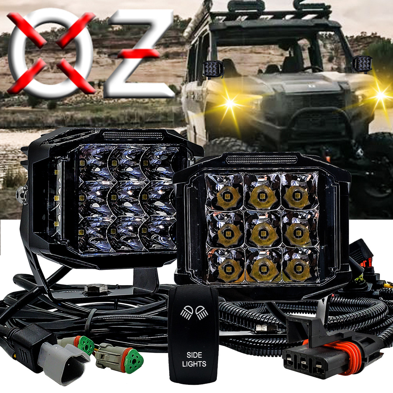 3 POD Side Lights Spot Beam with Power Bus Bar Dual DT Plug Wire Harness  Kit Compatible with Pulse Power Busbar Polaris RZR Turbo Pro XP Ranger Crew