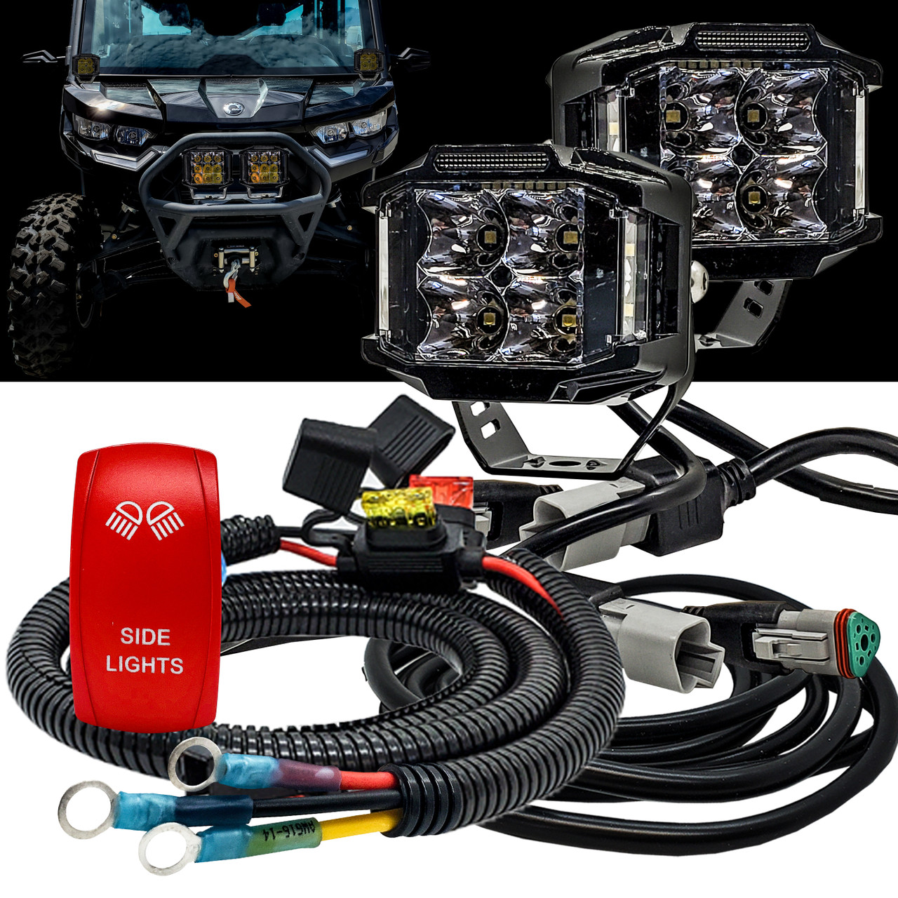 75W Side Lights 180° Beam Pattern Side Emitting LED with Power Busbar Wire  Kit Red Rocker Switch Compatible with 2018-2023 Can-Am Maverick X3 Defender