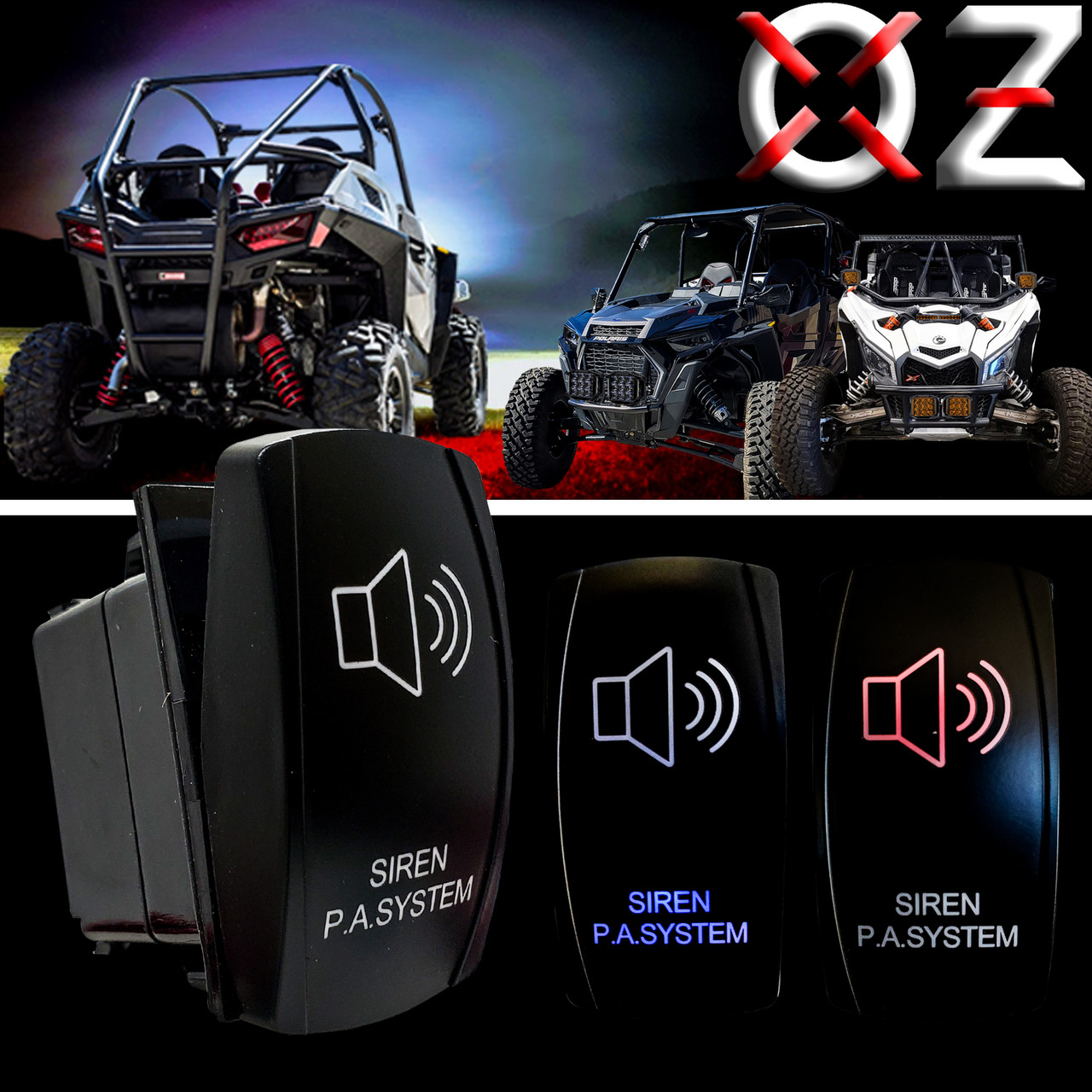 Siren PA System On/Off Rocker Switch 4-Pin Laser-Etched Red & Blue