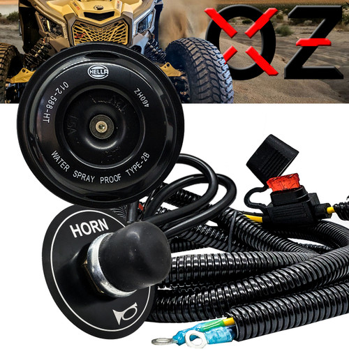 3" Hella Disc Horn with Floor-Mount Step-On Switch & Power Busbar Distribution Block Wire Harness Compatible with 2018-2023 Can-Am Maverick X3 Max RS Turbo RR, Sport, Trail, Commander and Defender. 