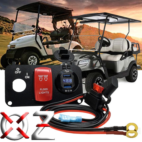 Golf Cart Key Switch Plate Flood Lights On/Off Red Rocker Switch with 48V Voltage Meter and Dual USB Port for EZGO TXT PDS Electric 36V 48V