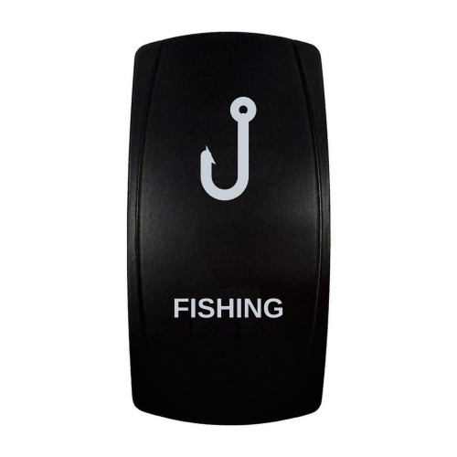 FISHING rocker switch with laser-etched fish hook icon, in daylight