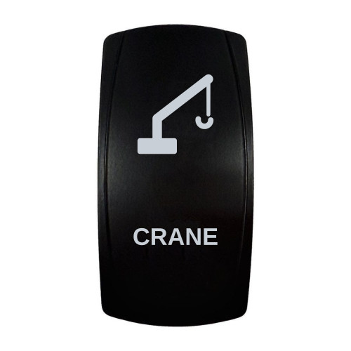 CRANE rocker switch with laser-etched crane / boom icon, in daylight