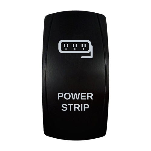 POWER STRIP rocker switch with laser-etched power strip icon, in daylight