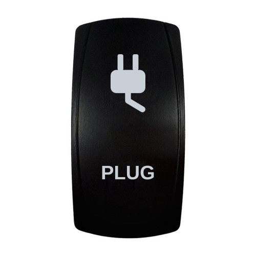 PLUG rocker switch with laser-etched plug icon, in daylight