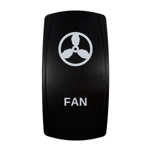 FAN rocker switch with laser-etched fan icon, in daylight