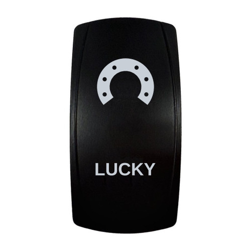 LUCKY rocker switch with laser-etched horseshoe icon, in daylight
