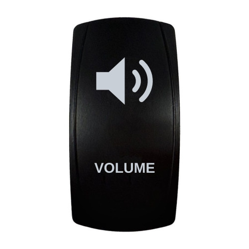 VOLUME rocker switch with laser-etched speaker / volume icon, in daylight
