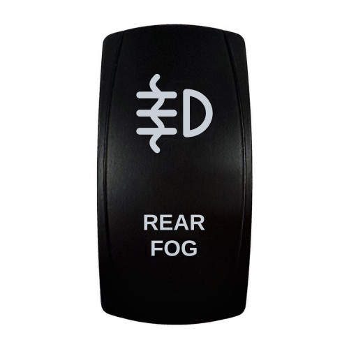 REAR FOG rocker switch with laser-etched rear fog icon, in daylight