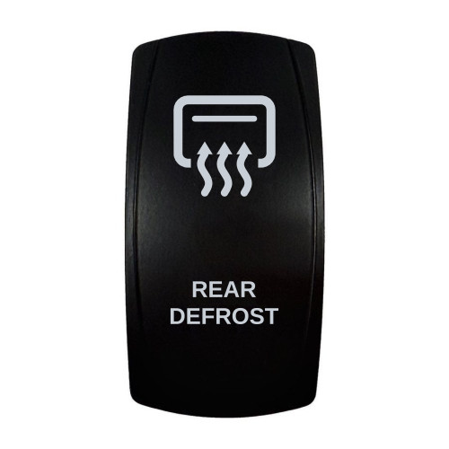 REAR DEFROST rocker switch with laser-etched rear defrost icon, in daylight