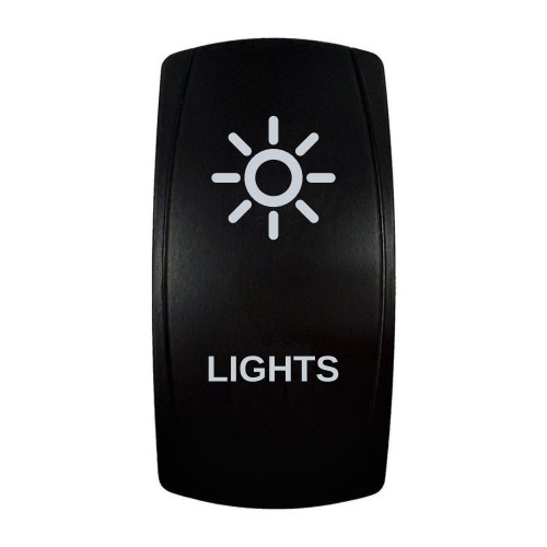 LIGHTS rocker switch with laser-etched lights icon, in daylight