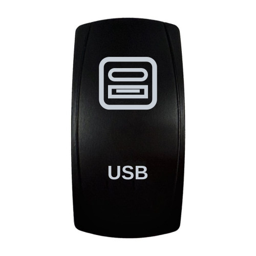 USB rocker switch with laser-etched usb-c / dual usb icon, in daylight