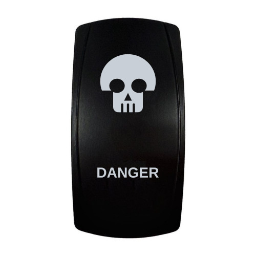 DANGER rocker switch with laser-etched skull icon, in daylight