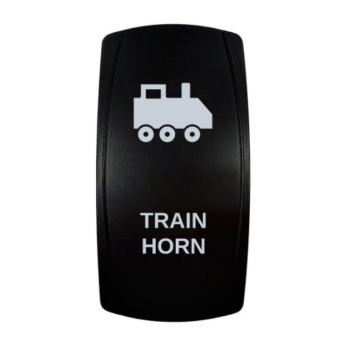 TRAIN HORN rocker switch with laser-etched train icon, in daylight