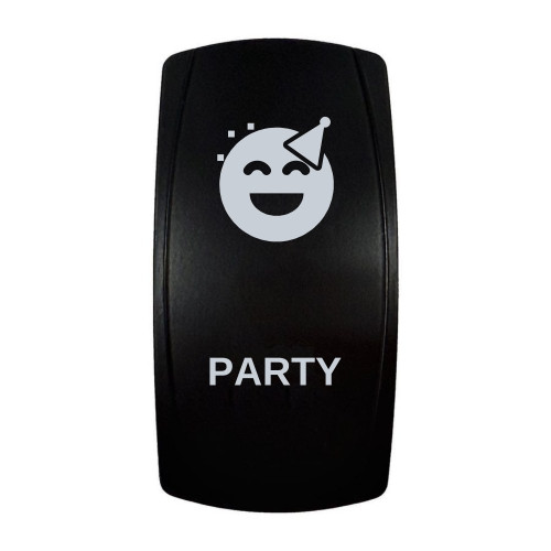 PARTY rocker switch with laser-etched party icon, in daylight
