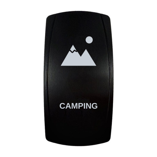 CAMPING rocker switch with laser-etched mountains icon, in daylight