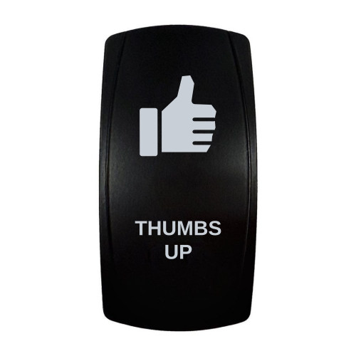THUMBS UP rocker switch with laser-etched thumbs up icon, in daylight