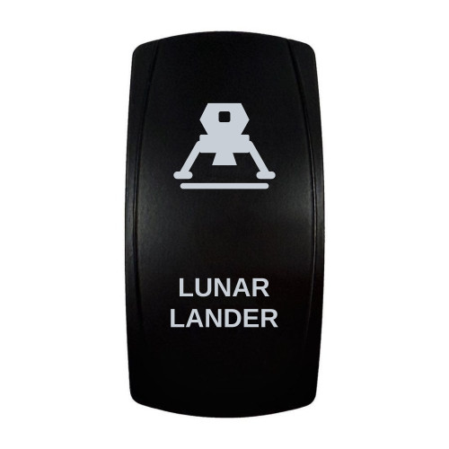 LUNAR LANDER rocker switch with laser-etched lunar lander icon, in daylight
