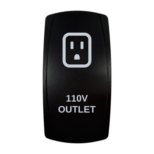 110V OUTLET rocker switch with laser-etched 110v outlet icon, in daylight