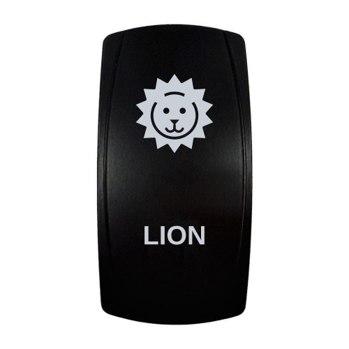 LION rocker switch with laser-etched lion icon, in daylight
